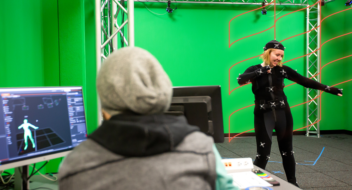 Students create character animation in the motion capture studio.