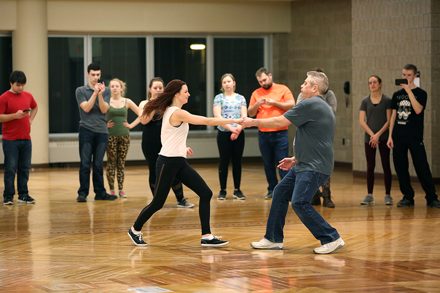 Terry Gardner and Stephanie Riley of TC Swing in Minneapolis instructed and demonstrated the aerial dance moves.