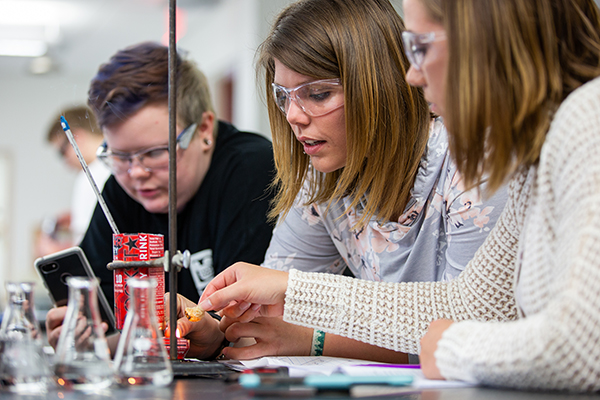 Cassie Haskins, center, works in a chemistry lab in UW-Stout’s Jarvis Hall Science Wing.