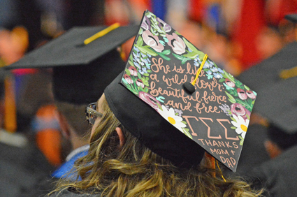 Katrina Quall, who graduated Dec. 16 from UW-Stout, had special words and the symbol for her Gamma Sigma sorority on her mortarboard.