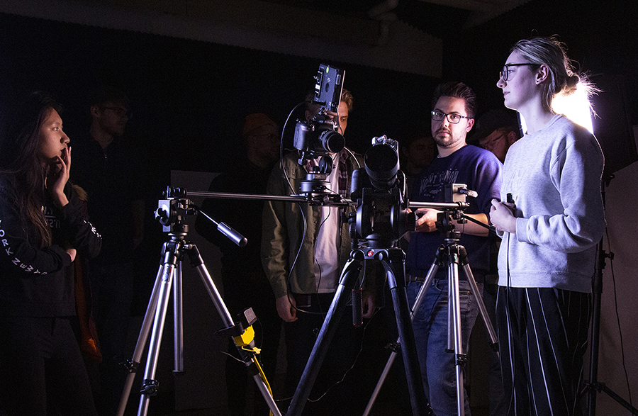 Students prepare to film in a lab at UW-Stout. The university’s new video production major began in the fall.