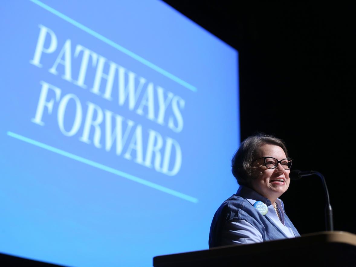 Kim Polzin, Stout University Foundation Board president, speaks at the Pathways Forward campaign kickoff in 2018.