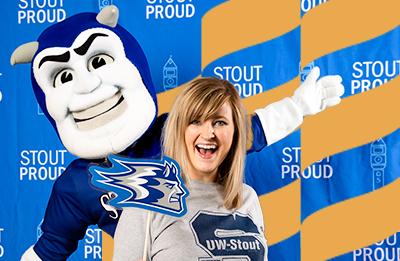 UW-Stout admissions team member poses with Blaze.